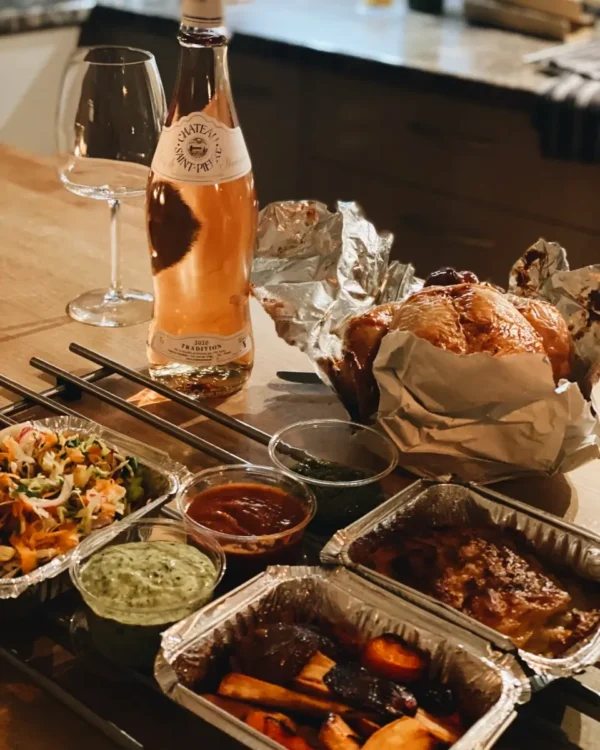 Maddings Signature Rotisserie Chicken Served With Roasted Seasonal Vegetables And Herb Sauce