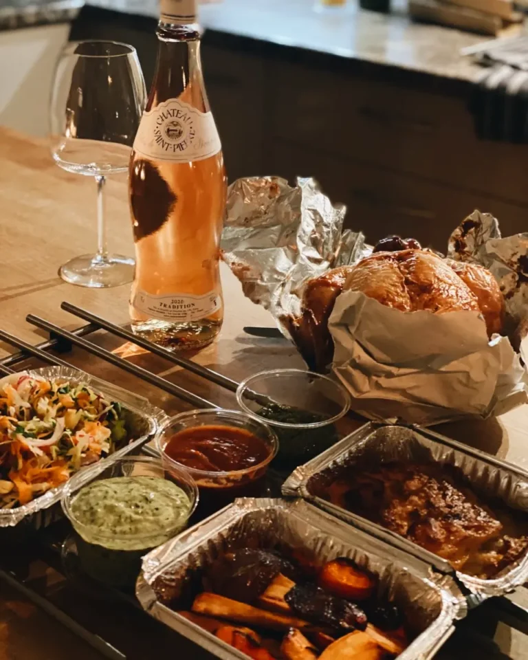 Maddings Signature Rotisserie Chicken Served With Roasted Seasonal Vegetables And Herb Sauce